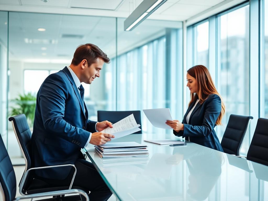 Consultants reviewing documents in a modern meeting room